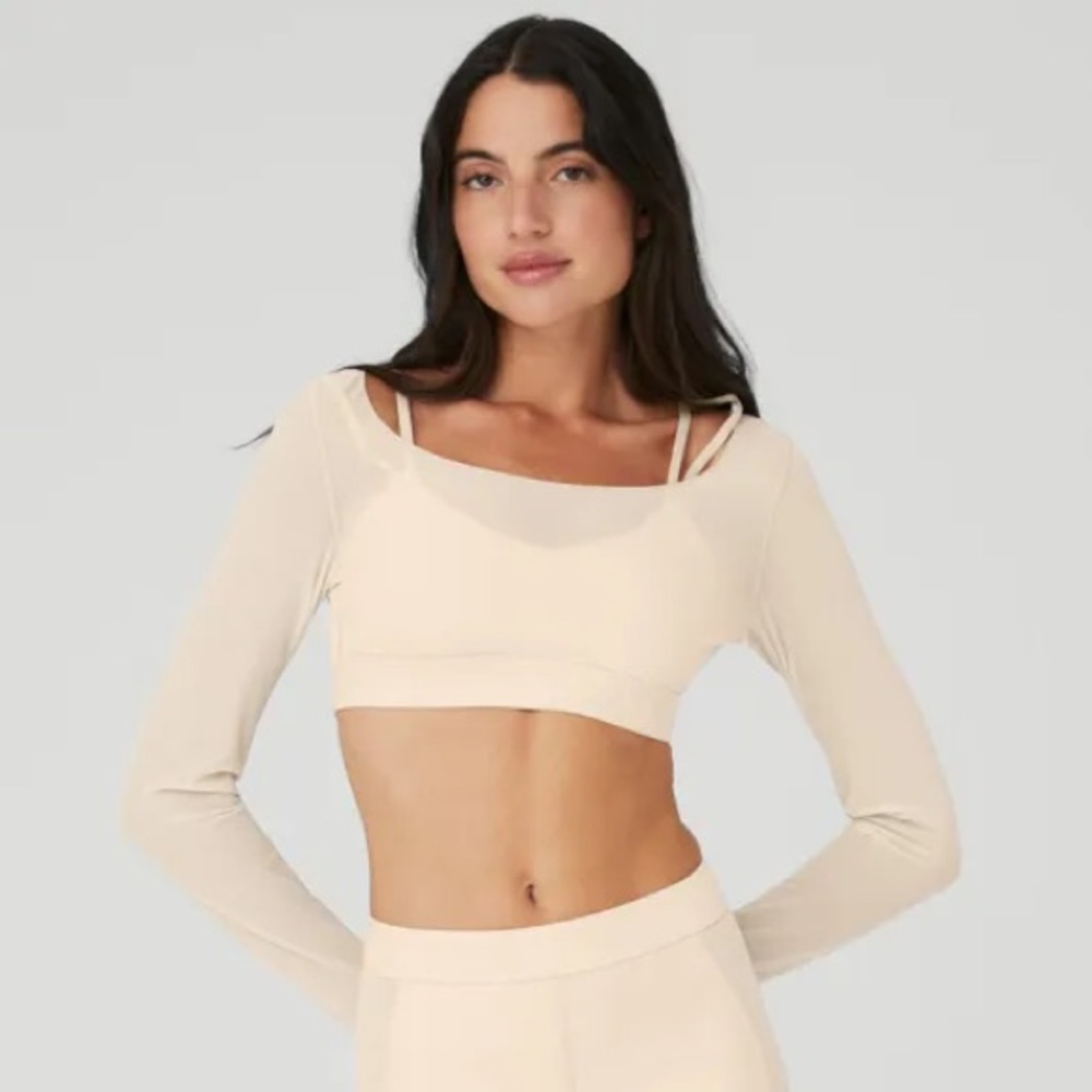 NEW ALO Long Sleeve Mesh Ballet Dream Bra - Macadamia - XS